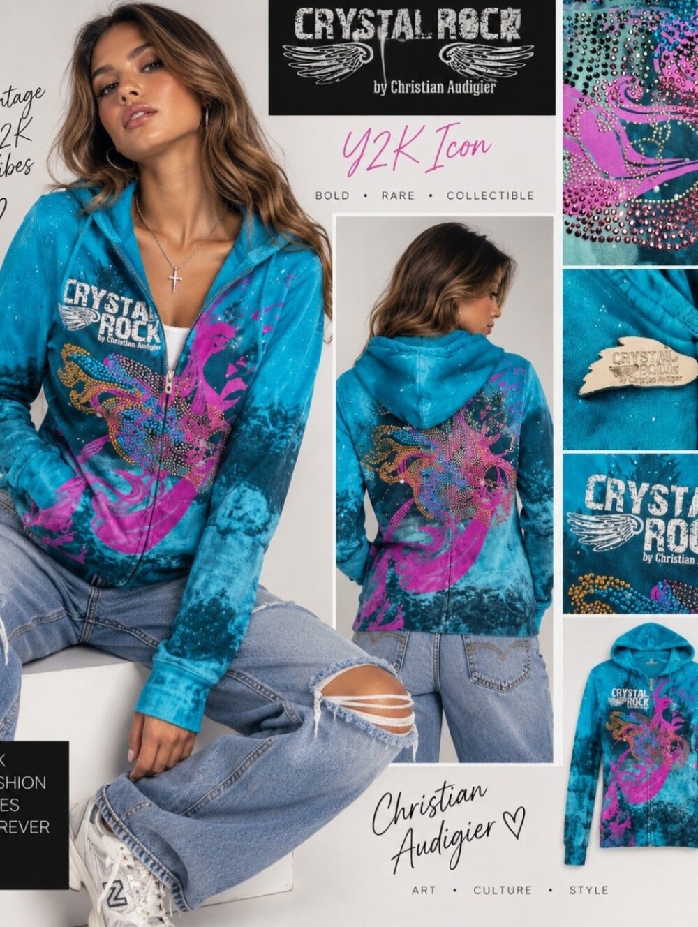 Y2K Christian Audigier Crystal Rock Rhinestone Dragon Hoodie Size Small